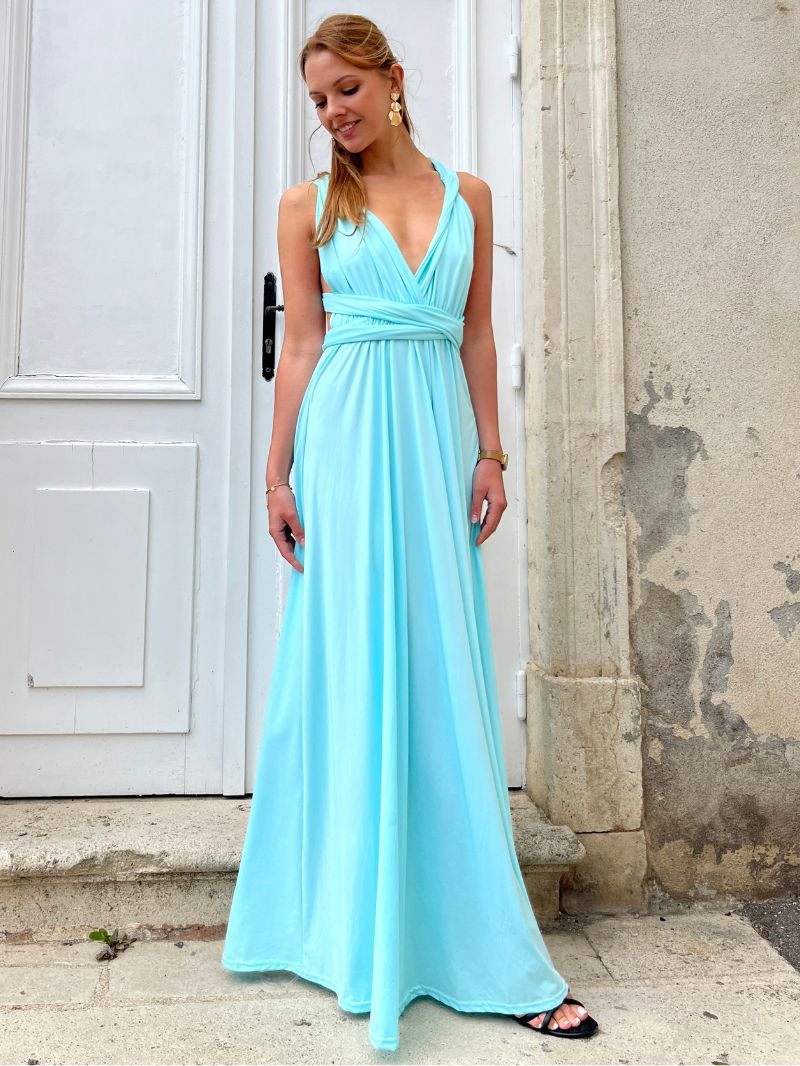 Robe bleue multiposition Odyssée élégante, confortable et polyvalente idéale pour toutes occasions et morphologies.