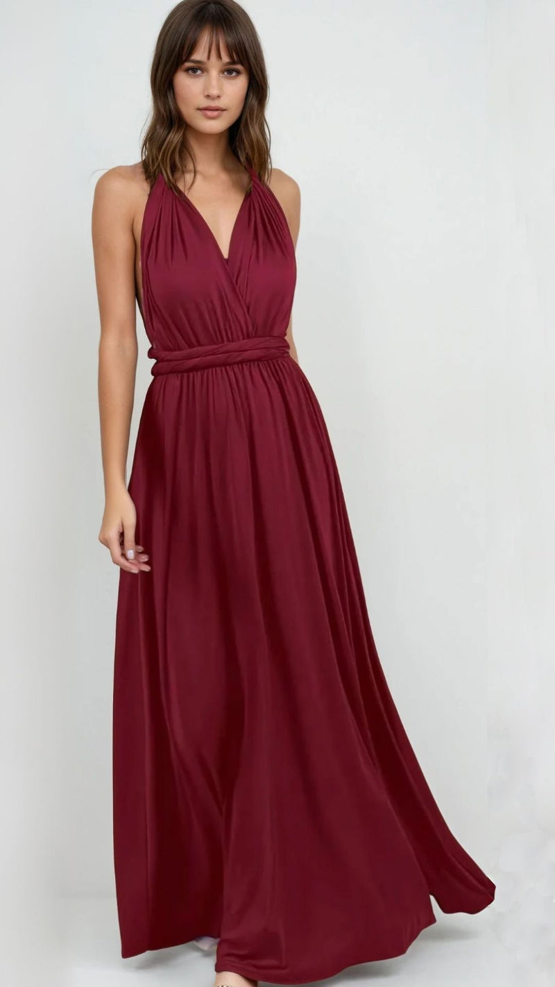 Robe infinity multiposition Odyssée élégante et versatile pour événements spéciaux, couleur bordeaux chic et tendance.